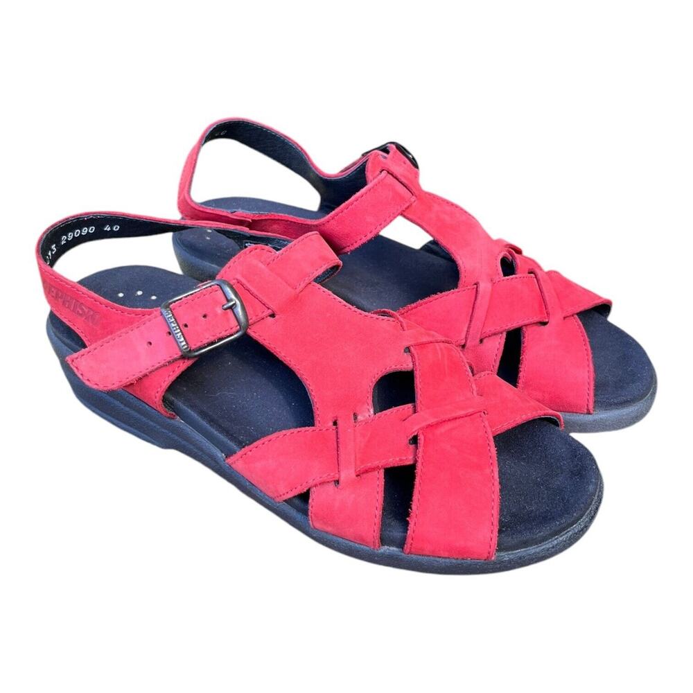 Mephisto Womens Red Leather Slingback Ankle Wide T Strap Sandals Sz 40 ~US 9 EUC